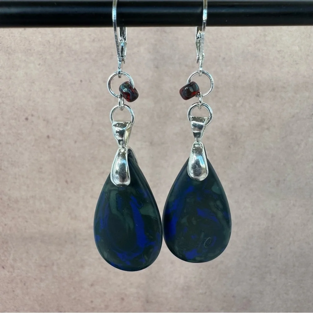 HAND CRAFTED Czech Glass Teardrop EARRINGS Matte Cobalt Blue Picasso NWT